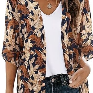 Floral Leaf Print Sheer Blouse - Navy and Brown